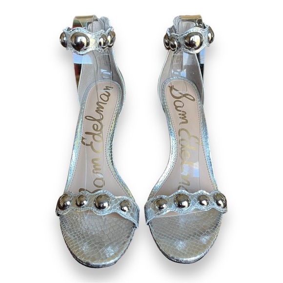 Sam Edelmen Addison Embellished Ankle Strap Sandal Stiletto Heel Metallic Silver - Picture 10 of 16